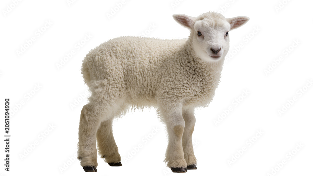 Fototapeta premium Young white fluffy lamb standing on white