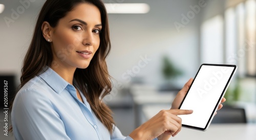Professional woman using a tablet in a modern office setting