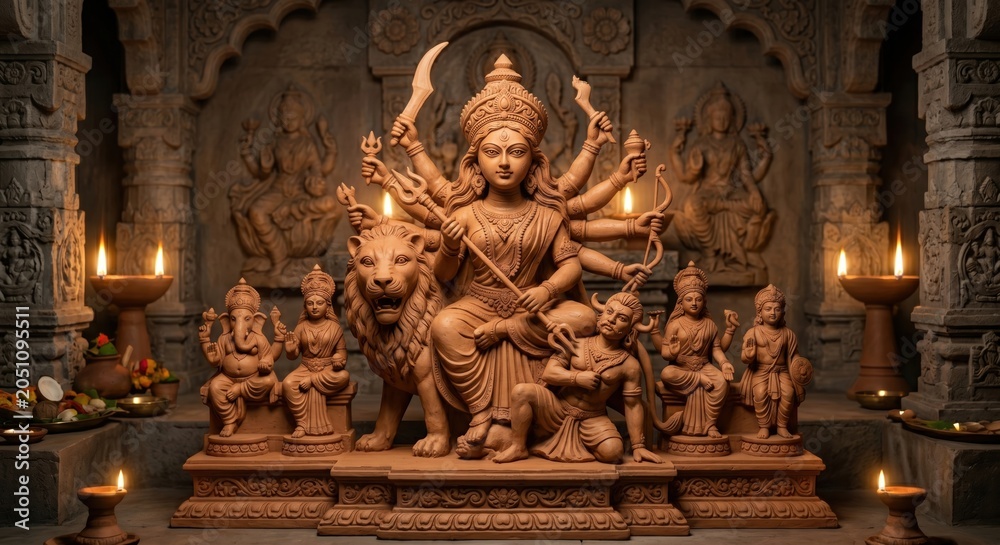 Fototapeta premium Terracotta idol of goddess durga sitting on a lion with deities in a temple setting illuminated by traditional clay oil lamps for the celebration of navratri and durga puja festival traditions
