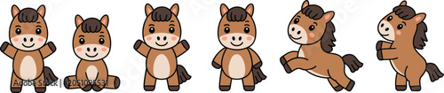 Konstfotografi “Cute cartoon horse vector illustration set with playful poses, rearing, sitting