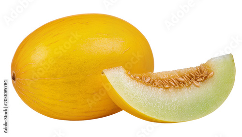 фотографія Whole yellow honeydew melon with a slice showing seeds