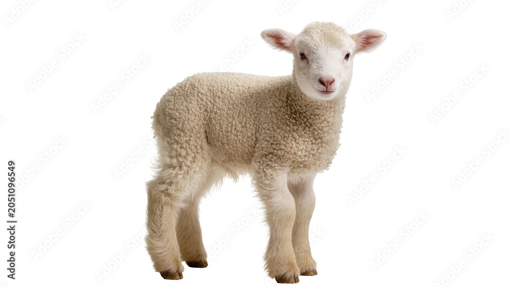Fototapeta premium Fluffy young lamb standing on white