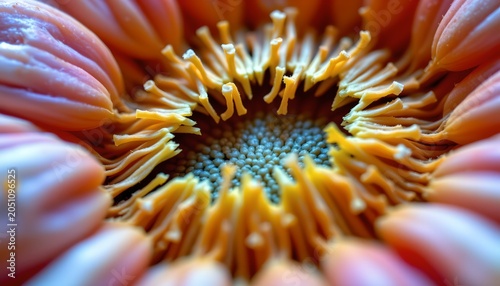 The image is a close up of a blooming flower, focusing on the intricate center