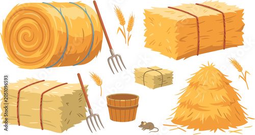 Fotografie Hay bale and haystack farm vector illustration set with pitchfork wheat ears woo