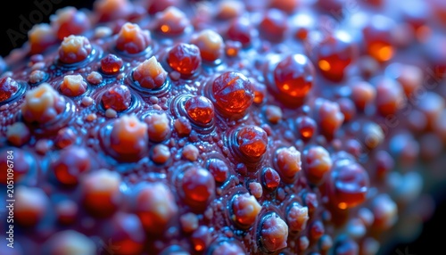 The image depicts a close up view of a textured surface covered with numerous small, rounded, and shiny bumps