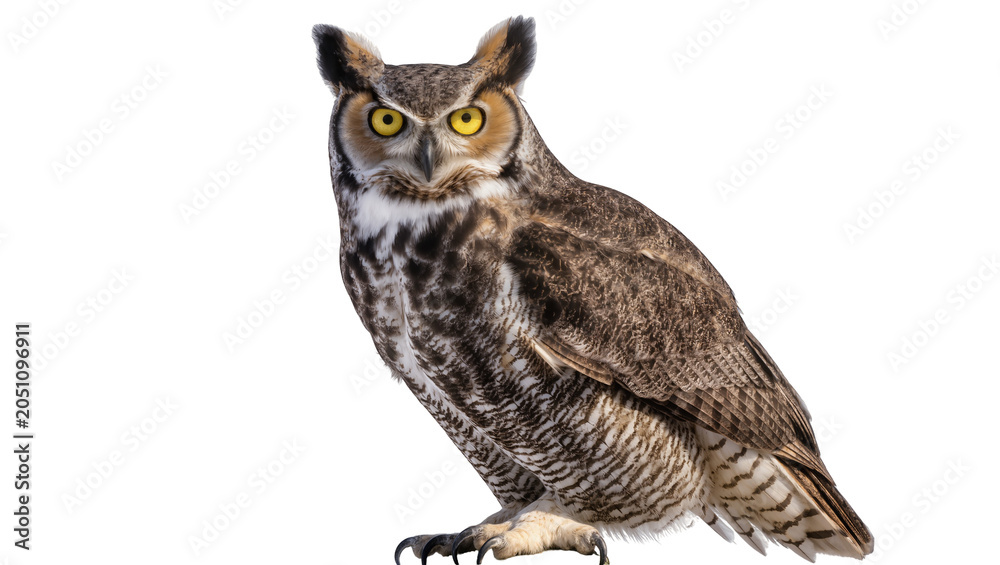 Fototapeta premium Great Horned Owl perched facing forward, sharp yellow eyes