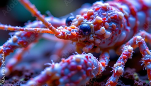 A close up image of a colorful marine crustacean, showcasing its intricate details and vivid coloration