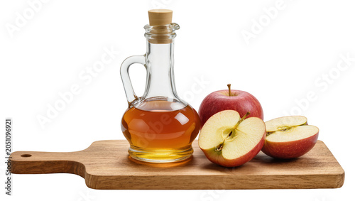Fotografie Glass bottle of apple cider vinegar with whole and halved red apples on wooden b