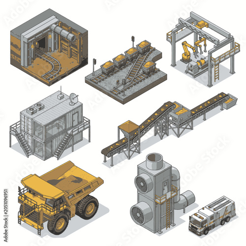 Foto Isometric industrial elements including a large dump truck, conveyor belts, mining carts, and a factory building
