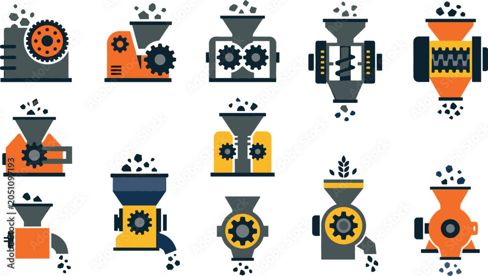 Fototapeta premium Industrial crusher machine vector icon set featuring heavy duty stone grinders coal mill shredders and aggregate crushing equipment isolated on white background.