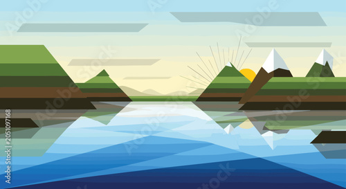 Quadro em tela Stunning geometric landscape depicts snow capped mountains reflected in the calm blue waters of a lake under a soft yellow sunrise light