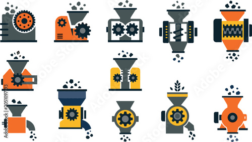 Bild auf Leinwand Industrial crusher machine vector icon set featuring heavy duty stone grinders coal mill shredders and aggregate crushing equipment isolated on white background