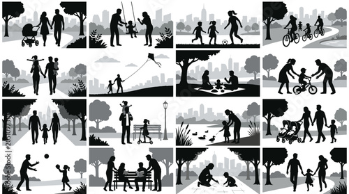 Black Family Activities Silhouette Collection, Parents Children and Outdoor Lifestyle Scenes
