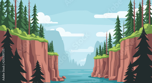 Obraz na płótnie River canyon landscape in a flat design style features tall pine trees growing on red cliffs overlooking blue water under a clear sky