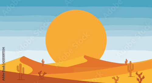 Foto Minimalist desert scene features a massive yellow sun rising over rolling orange sand dunes with green cacti in a simple flat design style