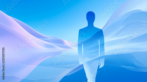 Conceptual silhouette of a person walking through ethereal flowing waves representing mindfulness and digital progress