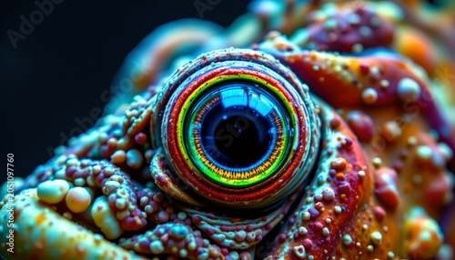 The image features a close up of a colorful, textured object with an eye like appearance