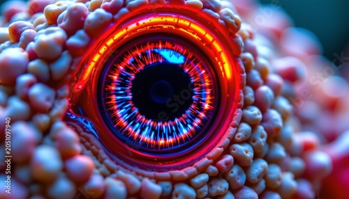 The image features a close up of a highly detailed, vibrant eye with an intricate, glowing iris that displays a spectrum of bright, neon colors including red, blue, and orange