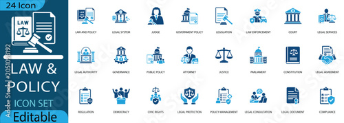Schilderij op canvas Law and policy icon set including legal system, justice, government, regulation, attorney, and democratic rights symbols