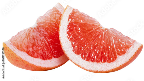 Foto Two juicy grapefruit slices with vibrant pink flesh and white pith