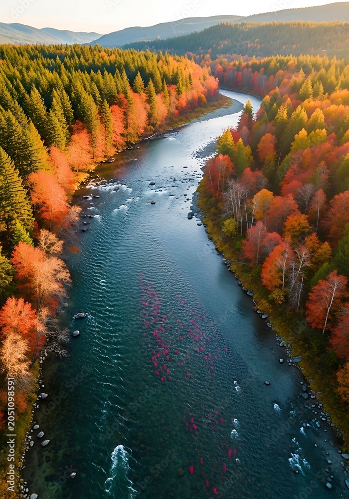 Fototapeta premium Autumn river winding through colorful forested valley.