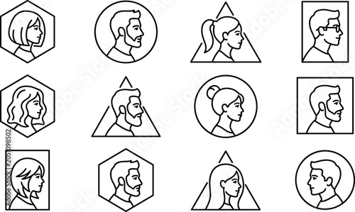 Geometric Profile Avatar Icon Set with Male and Female Side View Portraits for Logo Vector Illustration