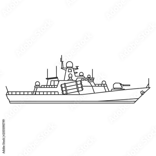 Minimalist line drawing of a naval destroyer ship on a white background