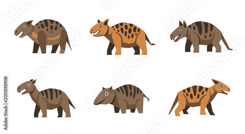 Six cartoon triceratops dinosaurs in various poses with spots and stripes