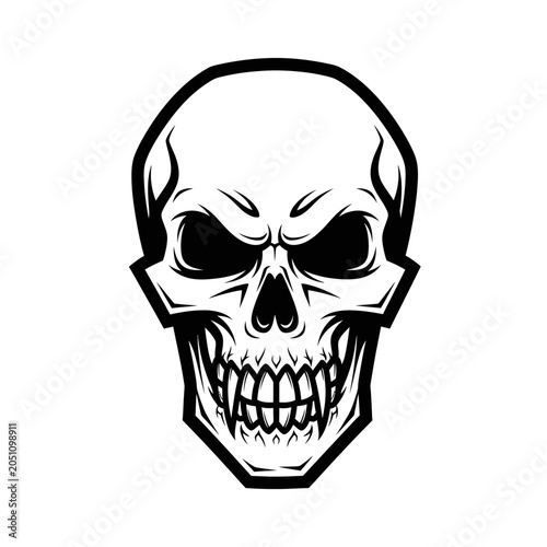 Stylized black and white skull illustration with expressive features on white background