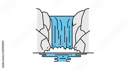 Stylized blue waterfall flowing between gray rocky cliffs into a pool