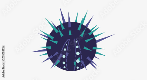 Stylized spiky pufferfish illustration with teal and purple accents on light background