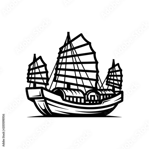 Traditional asian junk sailing vessel icon in black and white line art style