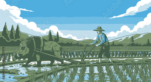 Traditional farmer guiding water buffalo to plow a flooded rice field under blue sky