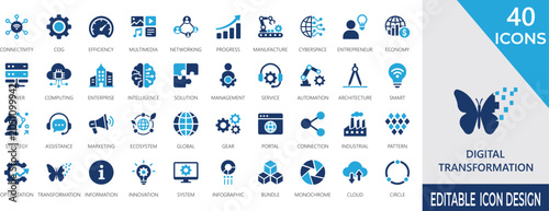 Fotografie Digital Transformation solid icon set with connectivity, efficiency, enterprise,  strategy, integration, automation, cloud services, and business growth symbols