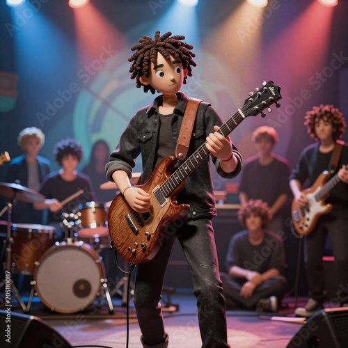 Stop-Motion Rock Instruments. Musical Performance Featuring Abstract Stage Lighting, A Guitarist Playing On Stage With A Live Music Concert And Festival Atmosphere