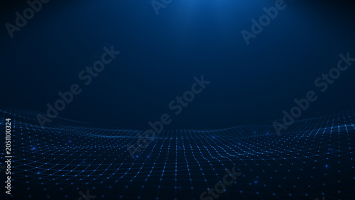 Bild auf Leinwand Radiant blue digital grid waveform with smooth oscillation across horizon field,