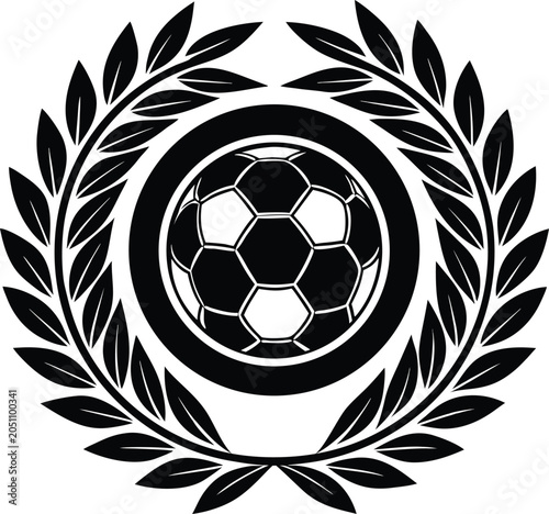 Soccer ball, laurel wreath, black and white vector icon, sports logo, football emblem