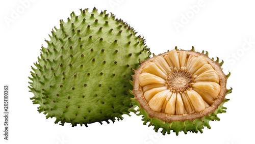 Cuadro en lienzo Whole and halved soursop fruit with spiky green skin and juicy pulp