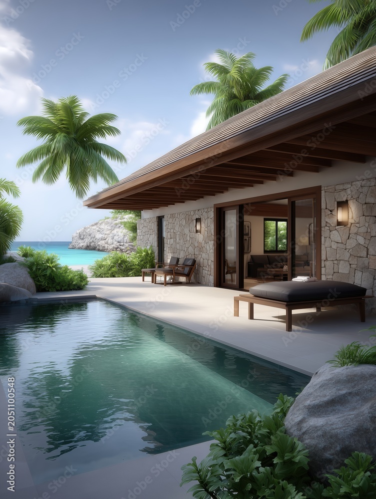 Fototapeta premium Luxury villa with private infinity swimming pool overlooking a pristine tropical beach and turquoise ocean under a clear blue sky, inviting relaxation and exclusive vacation