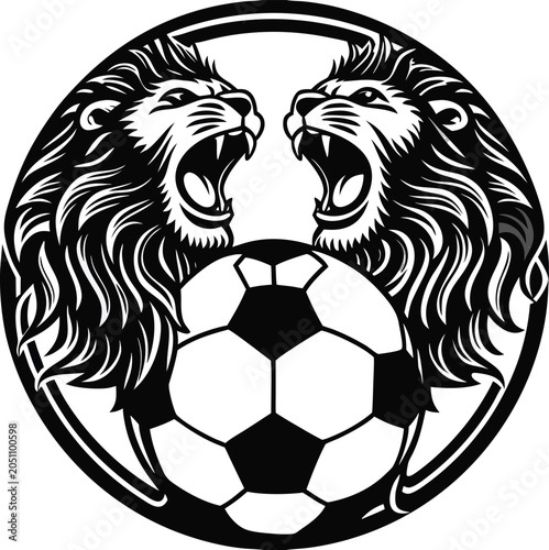 Roaring lion heads, soccer ball, sports logo, football emblem, black and white vector