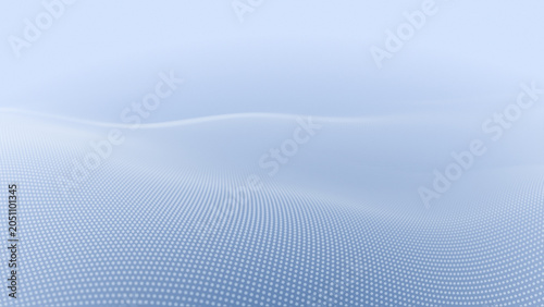 Digital data stream landscape with white blue particle mesh waves, glowing dot patterns, minimal grid surface and cyber technology field