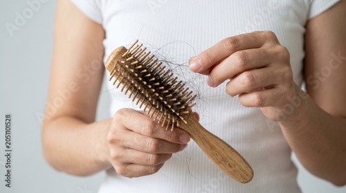 A woman holds a wooden hairbrush filled with loose dark strands demonstrating significant hair loss and thinning scalp health issues.