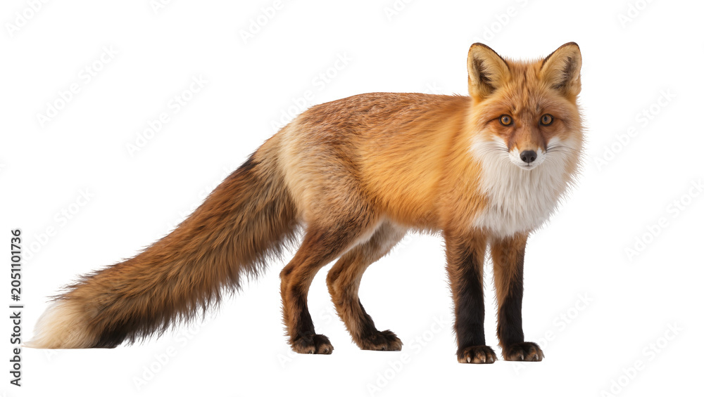 Fototapeta premium Red fox standing with bushy tail and white chest