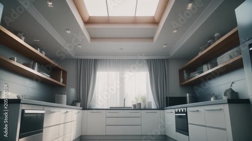 Modern luxury kitchen interior with natural lighting timelapse