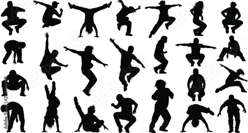 Large collection of breakdancer silhouettes performing urban hip hop dance moves and acrobatic poses for street culture design vector illustration