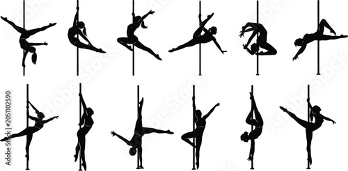 Pole dancing silhouettes set featuring women in various athletic poses and acrobatic positions for fitness and dance vector illustration