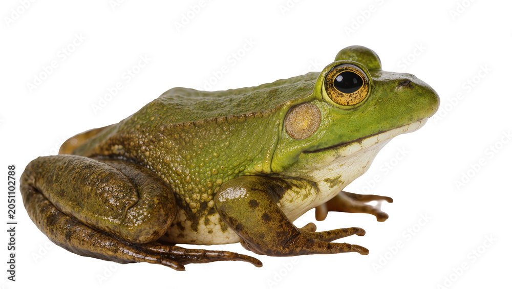Fototapeta premium Green frog with yellow eyes on white