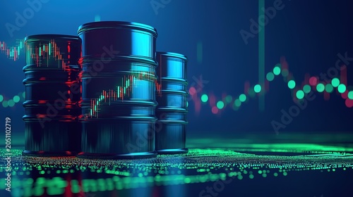 Modern financial stock market background, glowing rising stock chart and oil barrel icon, green and red trading lines, tech data visualization, global finance concept, clean composition, cinematic lig