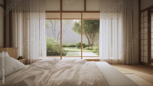 tranquil bedroom with large windows and natural sunlight timelapse