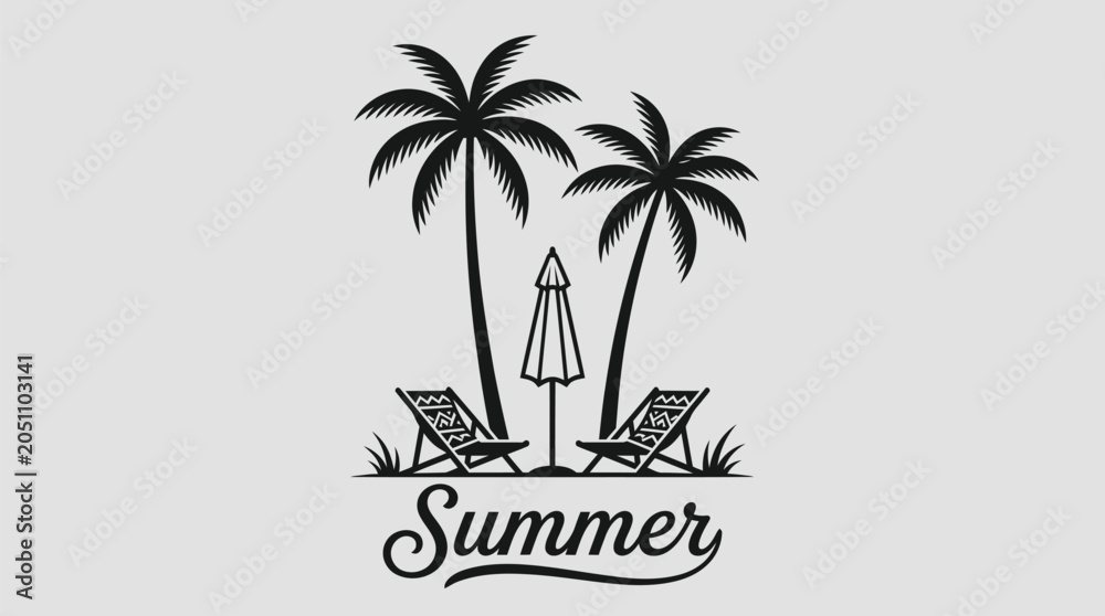 Obraz premium Summer vacation icons, palm trees, beach chairs, black and white graphics, eps vector